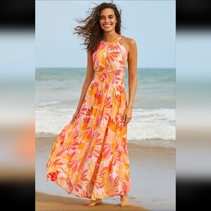 Abel The Label Orange Floral Maxi Summer Halter Dress‎ Women's Small